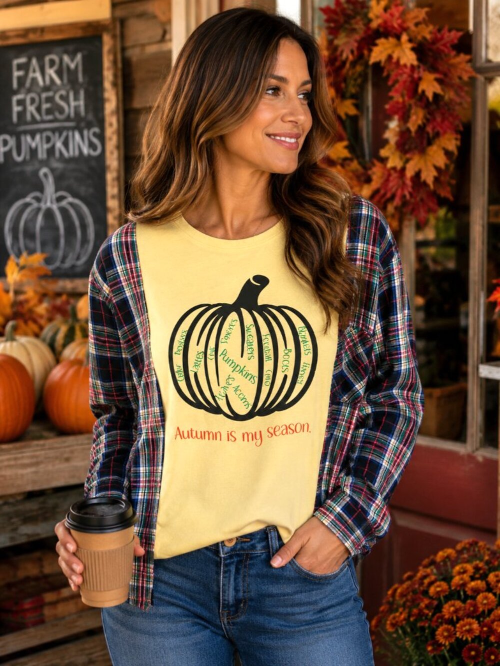 Upcycled Flannel Shirt Autumn Pumpkin Graphic Oversized Long-Sleeved Size S - M